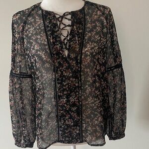 Barneys New York Black Floral Sheer Lace Trim Tie Front Blouse